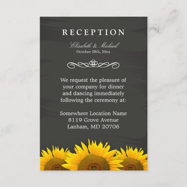 Hochzeitsempfangskarte Sonnenblumen Chalkboard Begleitkarte (Vorderseite)