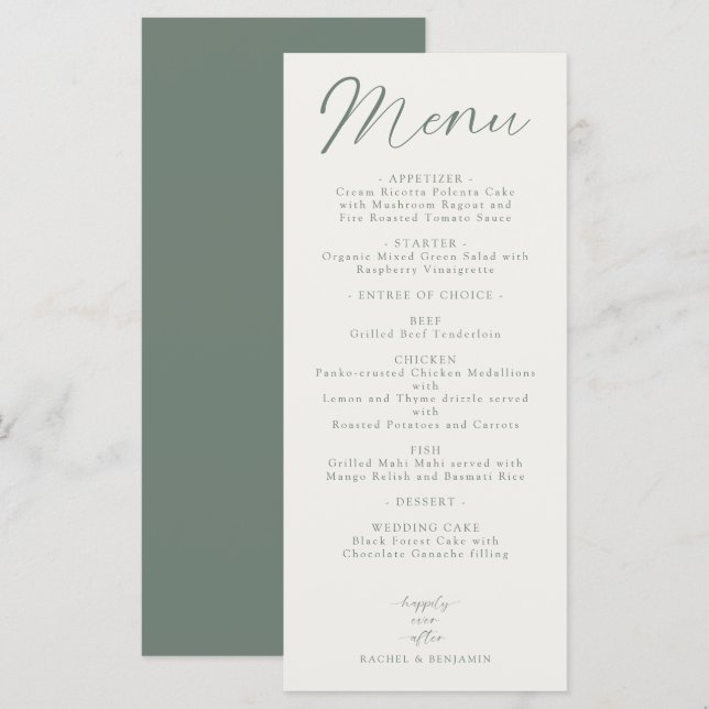 Hochzeitsempfangsmenü Elegantes Skript Salbeigrün Menükarte (Vorne/Hinten)
