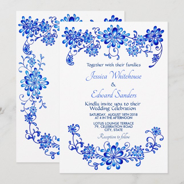 Hochzeitsempfehlung für Navy Blue Floral Einladung (Vorne/Hinten)