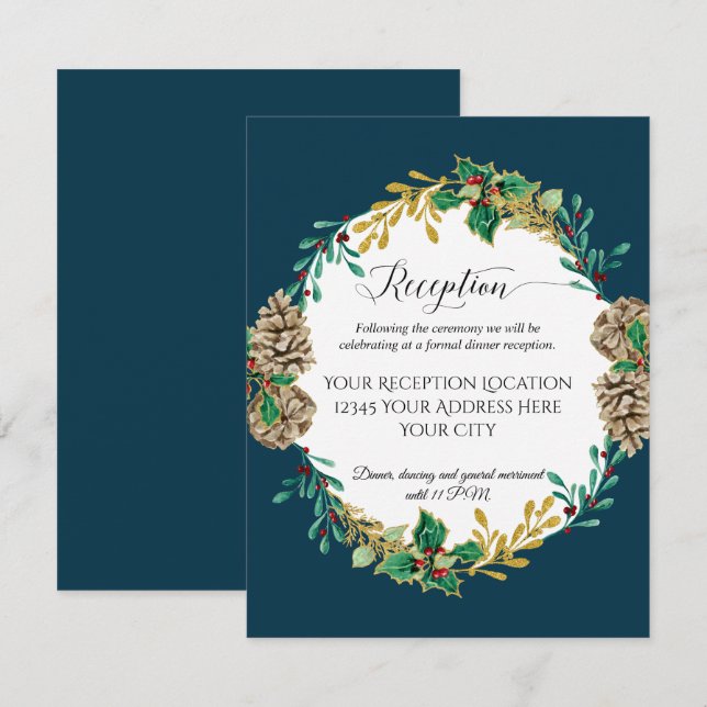Hochzeitsempfehlung für Navy Gold Pine Cones Einladung (Vorne/Hinten)