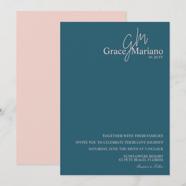 Hochzeitsempfehlung mit mit Monogramm Blue Pink Sc Einladung (Vorne/Hinten)