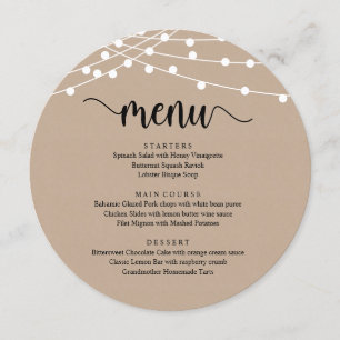 Hochzeitsessen Abendessen Moderne, rustikale, brau Menükarte
