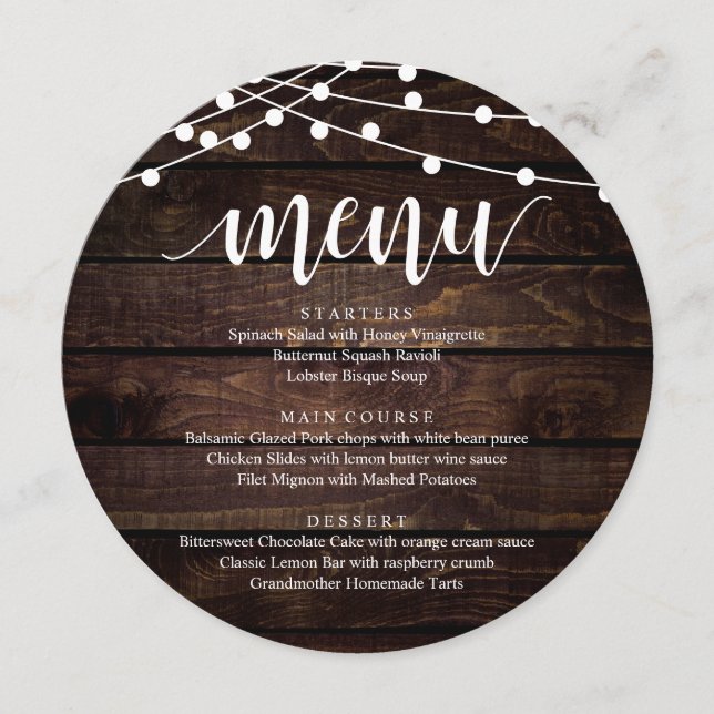 Hochzeitsessen Empfang Dinner, rustikales Holz Menükarte (Vorderseite)