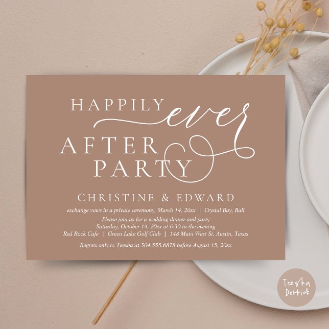 Hochzeitsessen, glücklicherweise immer nach dem Pa Einladung (Wedding Elopement Dinner, Happily Ever After Party Invitation Card, PDF, in taupe)