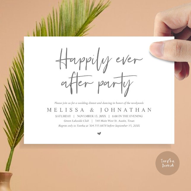 Hochzeitsessen, glücklicherweise immer nach dem Pa Einladung (Wedding Elopement Dinner, Happily Ever after Party Invitation Card, PDF, in Dark Grey)