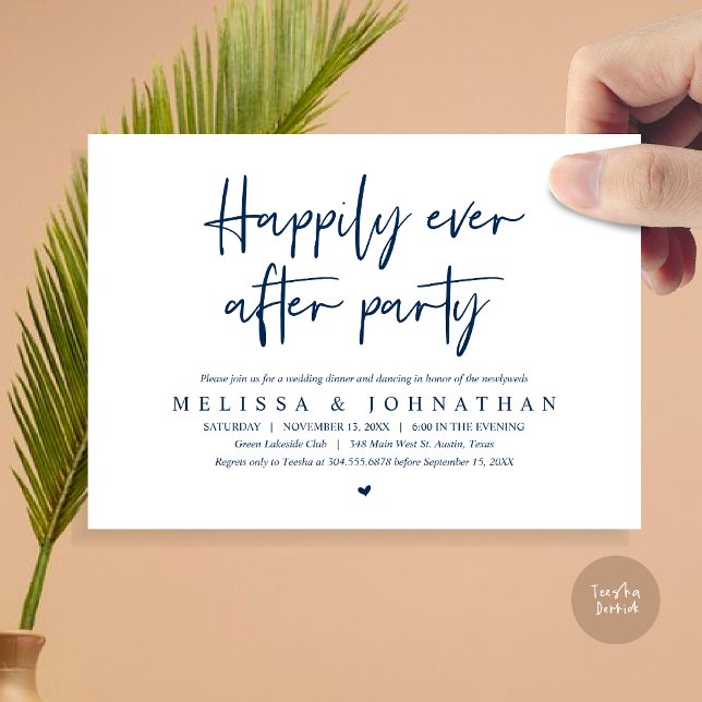 Hochzeitsessen, glücklicherweise immer nach dem Pa Einladung (Wedding Elopement Dinner, Happily Ever after Party Invitation Card, PDF, in Navy Blue)