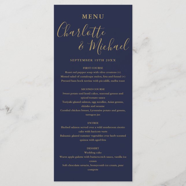 Hochzeitsessen in Blau und Gold Menükarte (Vorderseite)