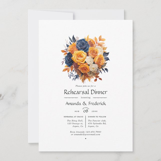 Hochzeitsessen in der Marine und Orange Floral Pro Einladung (Vorderseite)