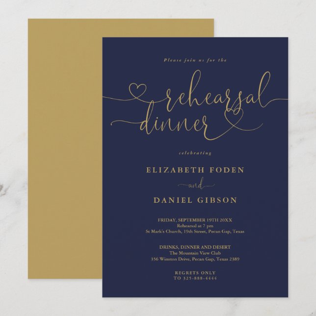 Hochzeitsessen in Navy und Gold Script-Probe Einladung (Vorne/Hinten)