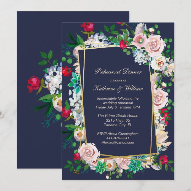 Hochzeitsessen mit blauen und blühenden Rahmen - P Einladung (Vorne/Hinten)
