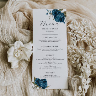 Hochzeitsessen mit blauer Blume Menükarte