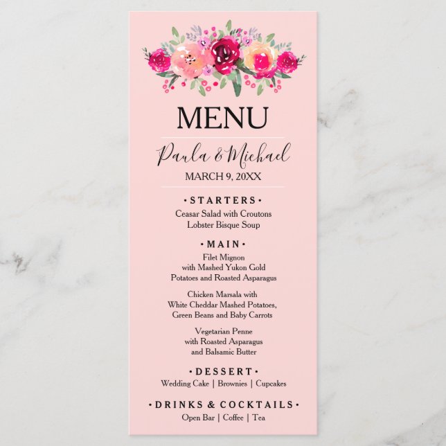 Hochzeitsessen mit floralfarbenem Wasser Menükarte (Vorderseite)
