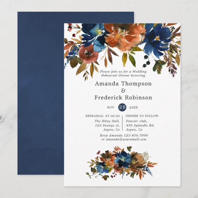 Hochzeitsessen mit Ingwer und Navy-Floral-Probe Einladung (Vorne/Hinten)