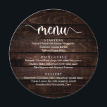 Hochzeitsessen, moderne rustikale Hütte Menükarte<br><div class="desc">Modernes,  rustikales Hütte Dunkelbraunes Holz,  Rundplatten Formen,  Abendmenü für Hochzeiten. Ein perfektes Menü für Ihren großen Tag. Sie können die Schriftart-Farben des Skripts ändern und den Menüinhalt und die Schriftart entsprechend Ihren Bedürfnissen ändern.</div>