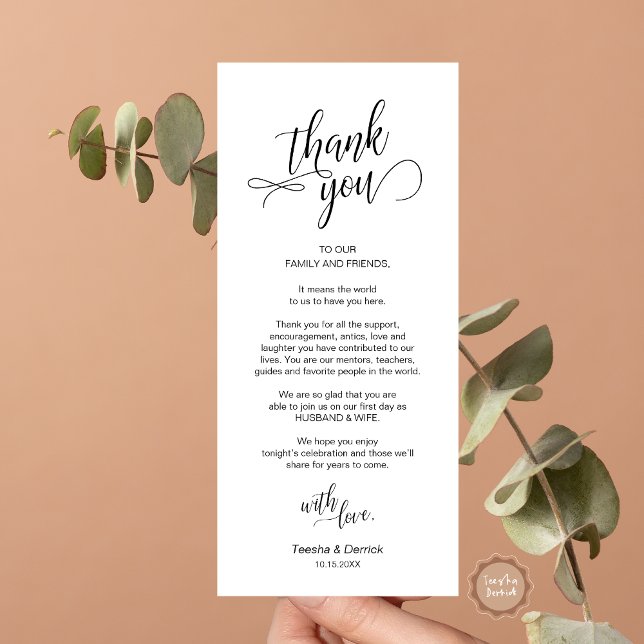 Hochzeitsessen, Ort Einstellung Dankeschön Karten (Wedding Dinner, Place Setting Thank You Card, in Modern Classy Script, Black and White.)