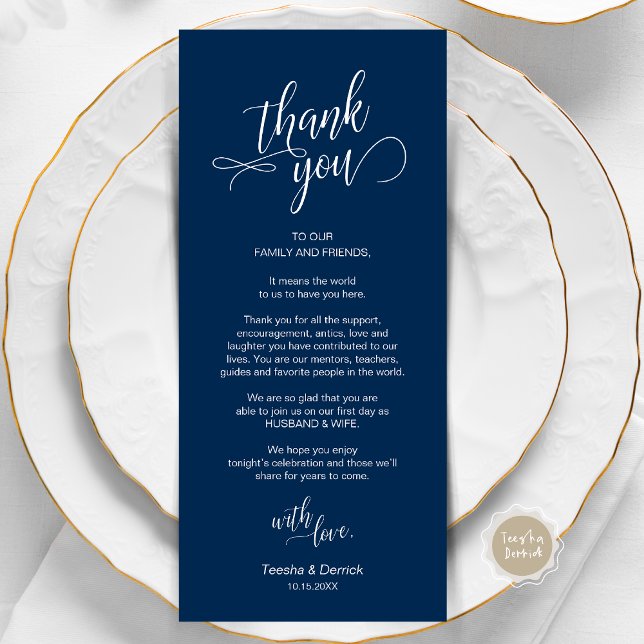Hochzeitsessen, Ort Einstellung Dankeschön Karten (Wedding Dinner, Place Setting Thank You Card, in Modern Classy Script, Navy Blue.)