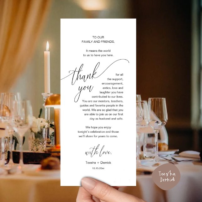 Hochzeitsessen Platz Einstellung Moderne Dankeschö Programm (Modern Wedding Dinner Brunch Place Setting Thank You Card romantic in aesthetic classy white black)