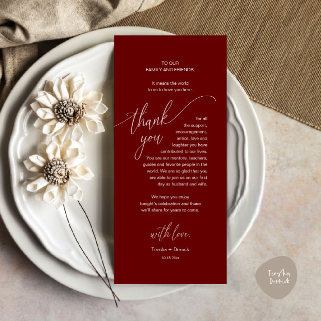 Hochzeitsessen Platz Einstellung Moderne Dankeschö Programm (Modern Wedding Dinner Brunch Place Setting Thank You Card romantic in aesthetic burgundy red)