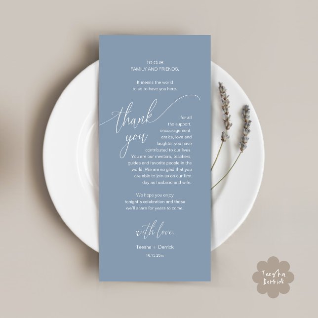 Hochzeitsessen Platz Einstellung Moderne Dankeschö Programm (Modern Wedding Dinner Brunch Place Setting Thank You Card romantic in aesthetic classy dusty blue)