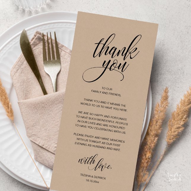 Hochzeitsessen Probe Danke Karte (Modern Rustic Wedding Reception Dinner Lunch Brunch Thank You Card Brown Kraft )