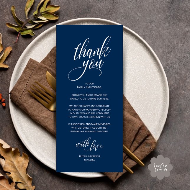 Hochzeitsessen Probe Danke Karte (Modern Romantic Wedding Reception Dinner Thank You Card in Navy Blue)