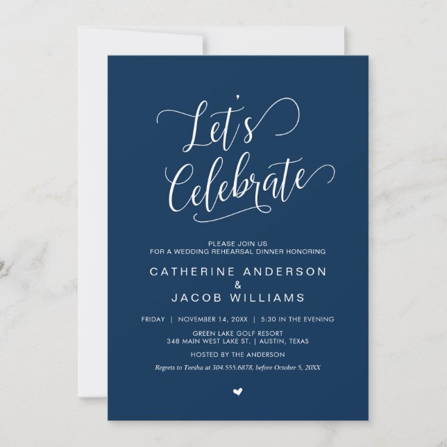 Hochzeitsessen Probe, einfaches Navy Blue Script Einladung (Vorderseite)