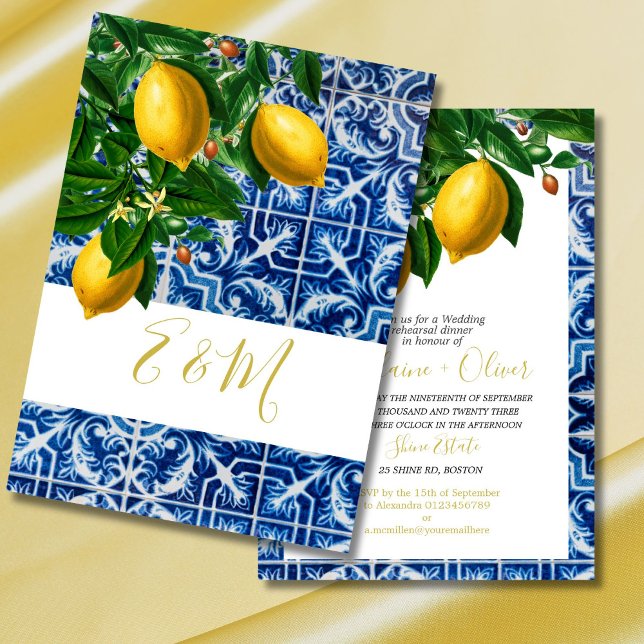 Hochzeitsessen Probe Lemon Blue Tile Chic Einladung (Von Creator hochgeladen)
