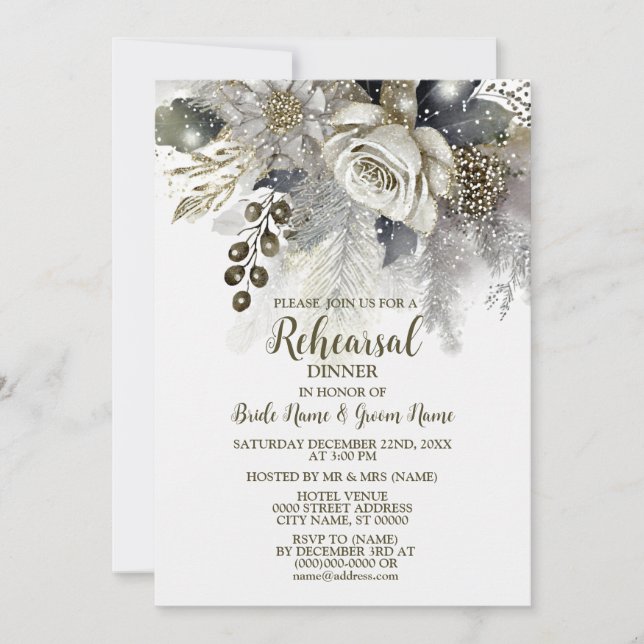 Hochzeitsessen Probe Silver Golden White Roses Einladung (Vorderseite)