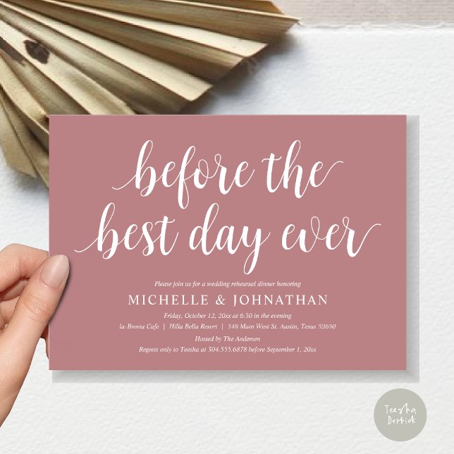 Hochzeitsessen Probe vor dem allerbesten Tag Einladung (Before the best day ever, wedding rehearsal dinner invitation card, PDF, in Dusty Rose Pink)