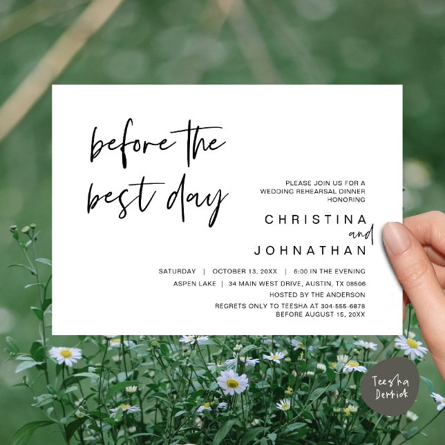 Hochzeitsessen Probe vor dem besten Tag Einladung (Wedding Rehearsal Dinner, Lunch, Brunch, Before the Best Day Invitation Card, PDF, White Black)