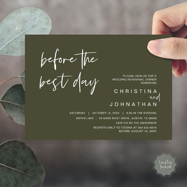 Hochzeitsessen Probe vor dem besten Tag Einladung (Wedding Rehearsal Dinner, Lunch, Brunch, Before the Best Day Invitation Card, PDF, Olive Green)