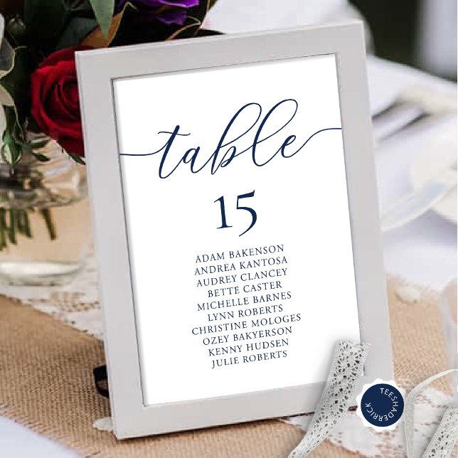 Hochzeitsessen, romantische Sitzkarte, Navy Blue Tischnummer (Wedding Dinner Guest Seating Chart Card, in Modern Romantic Classy Navy Blue Themed.)