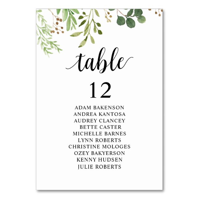 Hochzeitsessen, Sitzplan der Gäste, Grünflächen Tischnummer (Vorderseite)