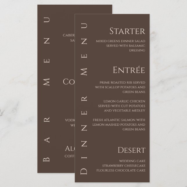 Hochzeitsessen und Bar Menu Braun Menükarte (Vorne/Hinten)