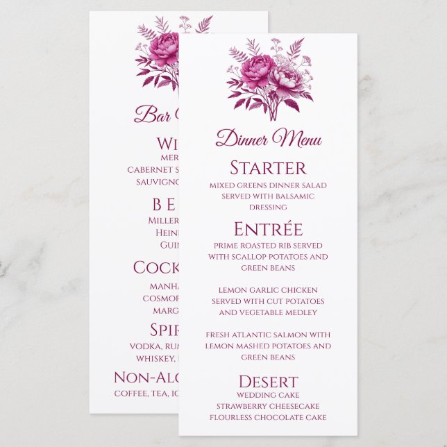 Hochzeitsessen und Bar Menu-Magenta-Peony Menükarte (Vorne/Hinten)