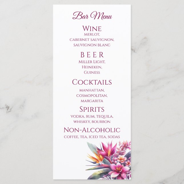 Hochzeitsessen und Bar Menu-Tropical Biss Menükarte (Rückseite)