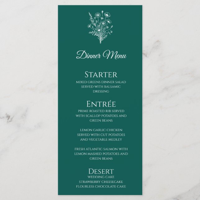 Hochzeitsessen und Bar Menu-Wildblume Elegante Menükarte (Vorderseite)