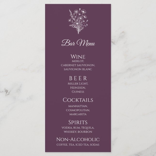 Hochzeitsessen und Bar Menu-Wildblume Elegante Menükarte (Rückseite)