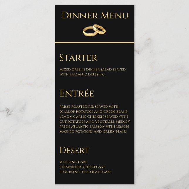 Hochzeitsessen und Drink Menü-Black and Gold- Menükarte (Vorderseite)