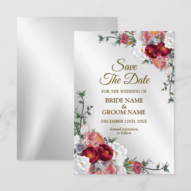 Hochzeitsfarben Rot Weiße Blüte Silber Elegant Save The Date (Vorne/Hinten)