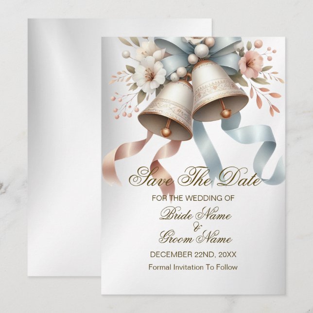 Hochzeitsfeier Blume Bells Pink Blue Ribbons Save The Date (Vorne/Hinten)