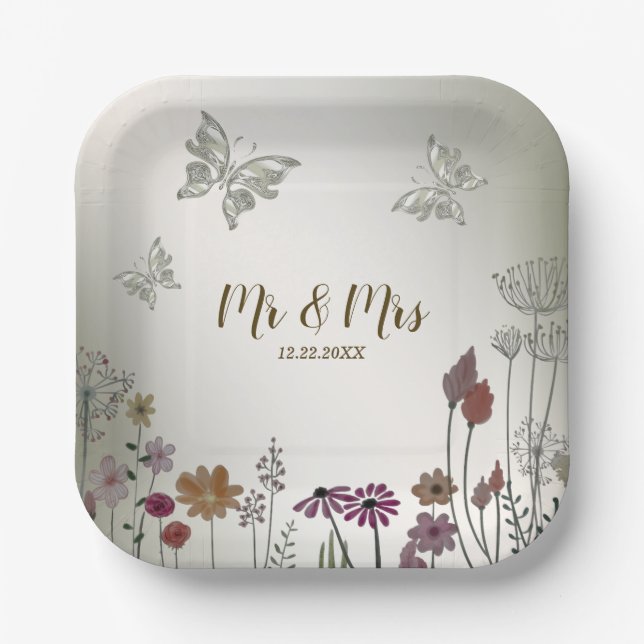 Hochzeitsfeier Bunte Blume Garten Schmetterlinge Pappteller (Vorderseite)