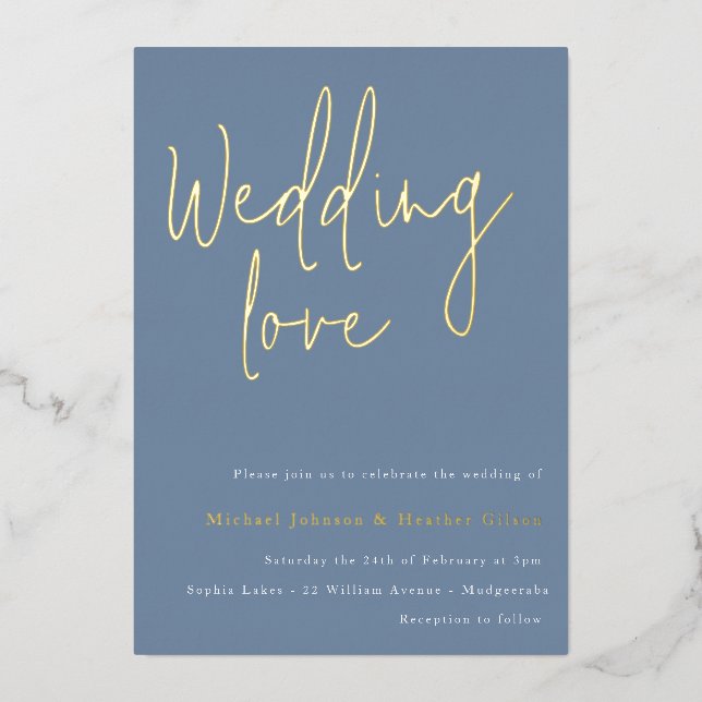 Hochzeitsfeier: Dusty Blue & Gold Designer Wedding Folieneinladung (Vorderseite)