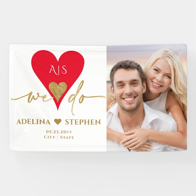 Hochzeitsfeier Elegantes Herzens Minimal Gold Rote Banner (Horizontal)
