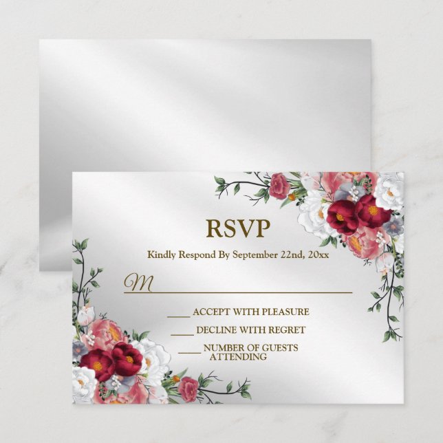 Hochzeitsfeier Farbenfrohe Rote Blütensilber RSVP Karte (Vorne/Hinten)