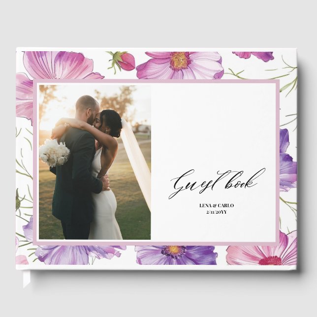 Hochzeitsfeier Foto Rosa Lila Blumenhochzeit Gästebuch (Vorderseite)