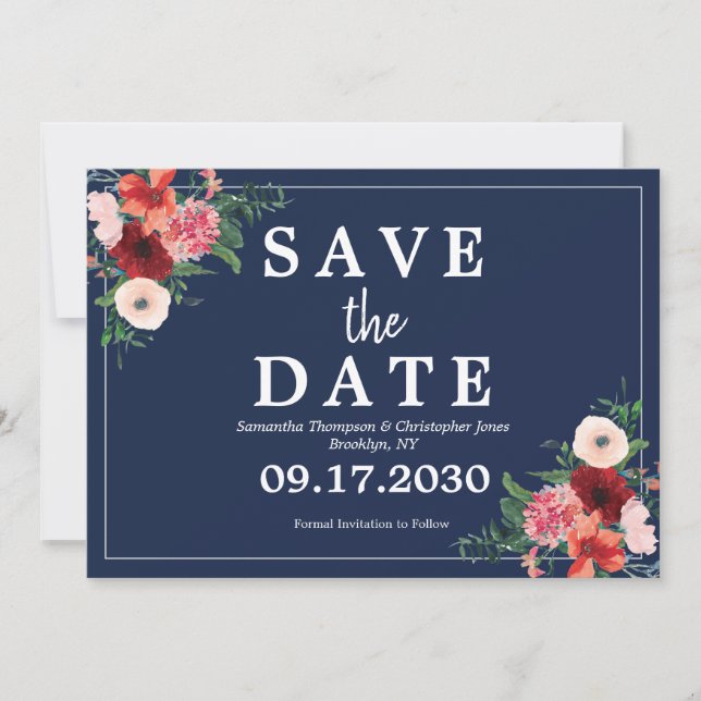 Hochzeitsfeier für das blaue Korallenkoral Burgund Save The Date (Vorderseite)