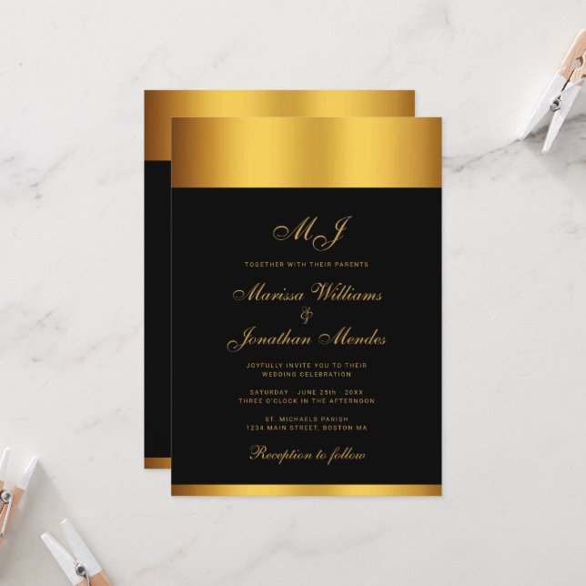 Hochzeitsfeier für die Black Gold Border Einladung (Vorderseite/Rückseite Beispiel)