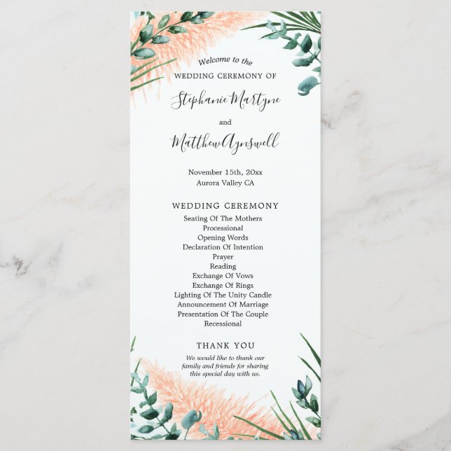 Hochzeitsfeier für die Hochzeit von Aquarellblätte Programm (Vorderseite)