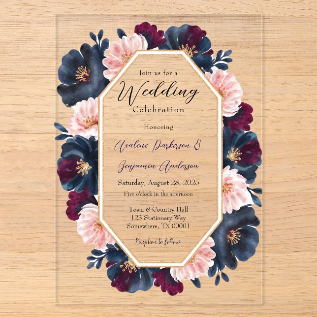 Hochzeitsfeier für die Hochzeit von Navy Burgundy  Acryleinladungen (Vorderseite)